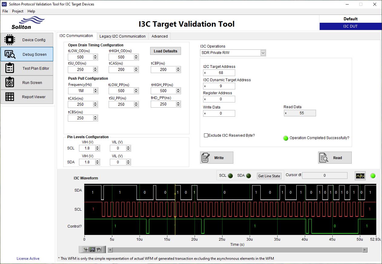 Peek and Poke GUI for interactive debug of the I3C interface. This helps to exercise and debug the I3C communication manually. User can configure any allowed timing/voltage parameters to debug the transactions. ​