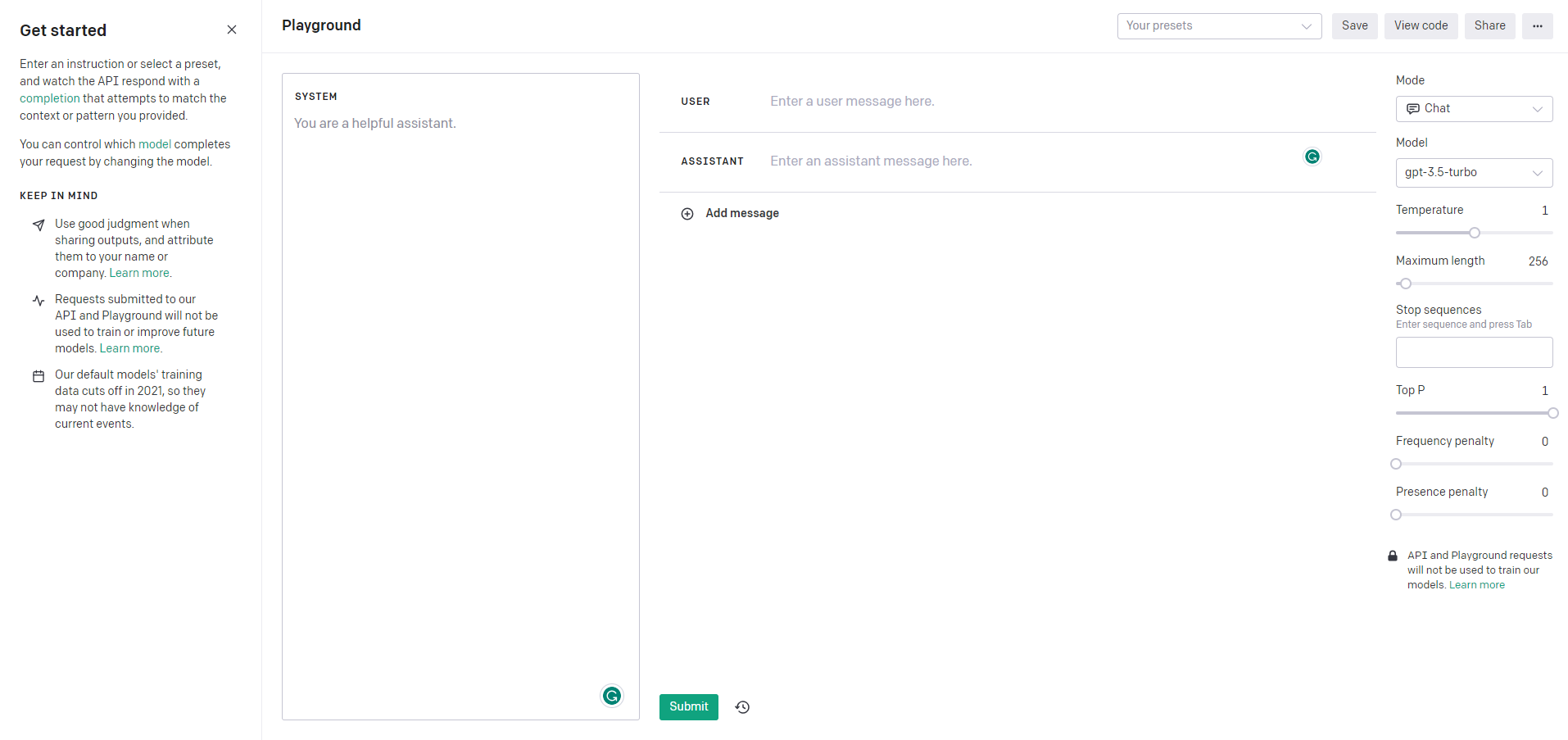 OpenAIs Playground Console 